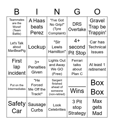 Silverstone GP Bingo Card