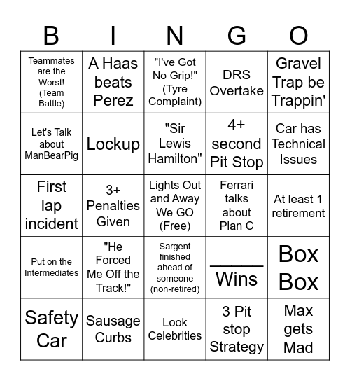 Silverstone GP Bingo Card