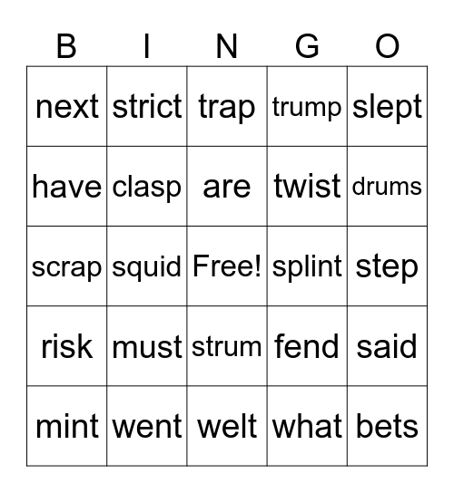 Short Vowels Adv. 41c Bingo Card