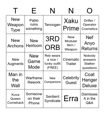 Tennocon 2024 Bingo Card