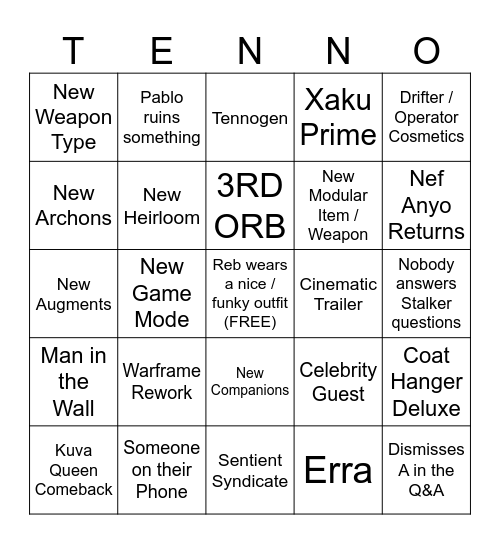 Tennocon 2024 Bingo Card