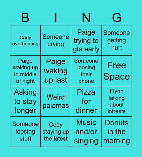 Sleepover Bingo Card