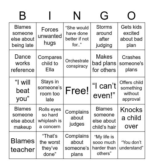 Dance Mom Bingo Card