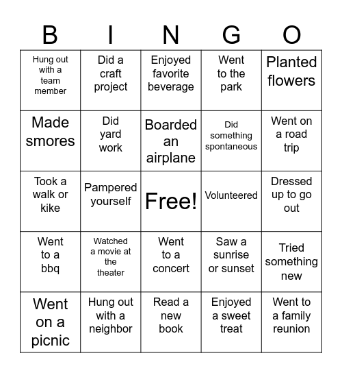 Summer 2024 Bingo Card