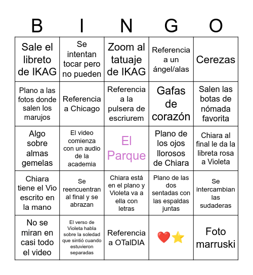 El Parque Bingo Card