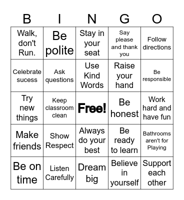 School Rules Bingo Card