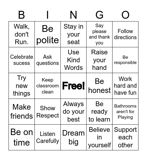 School Rules Bingo Card