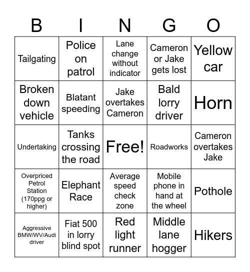 Lakes Drive Bingo Card