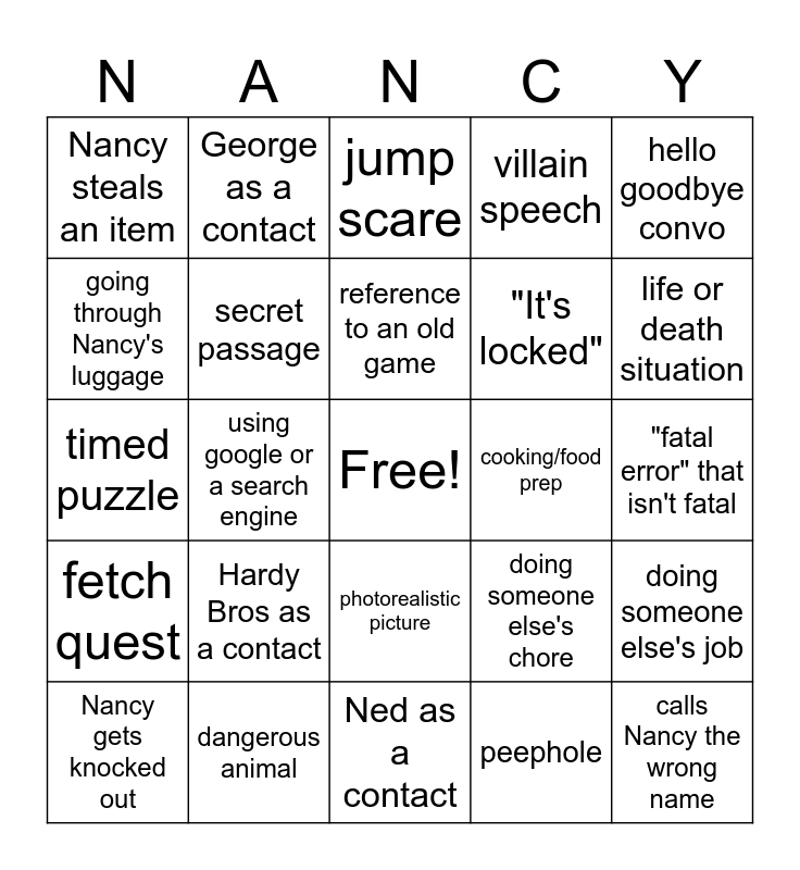 Nancy Drew Game Bingo Card