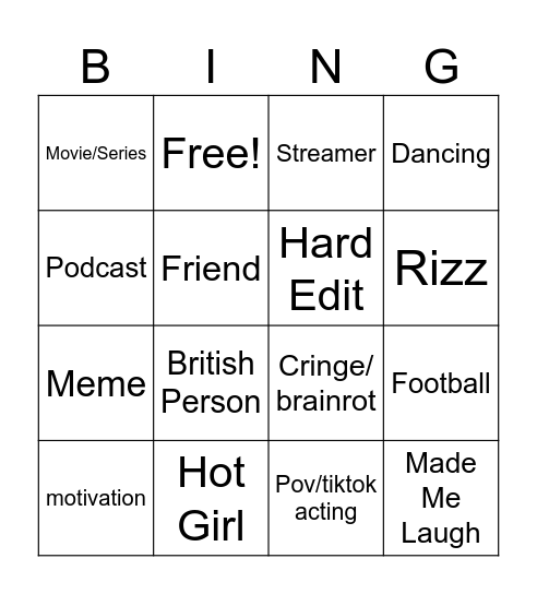 Shorts' Tiktok Bingo Card