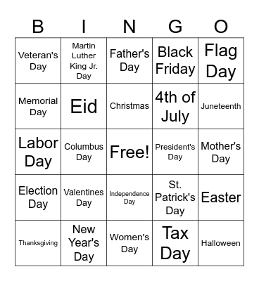 American Holidays Bingo Card