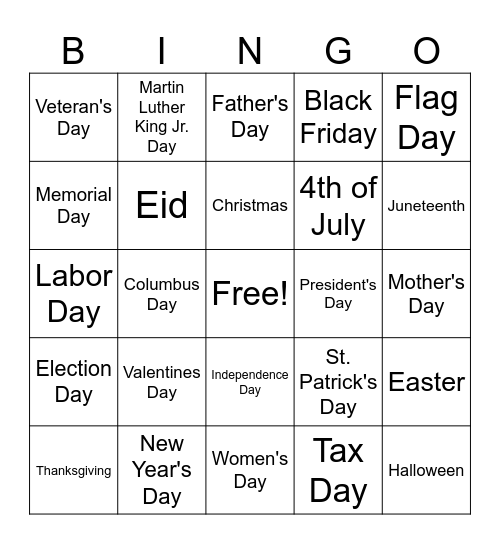 American Holidays Bingo Card