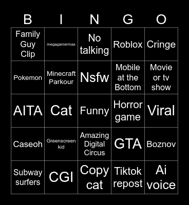 Youtube Shorts Bingo Card