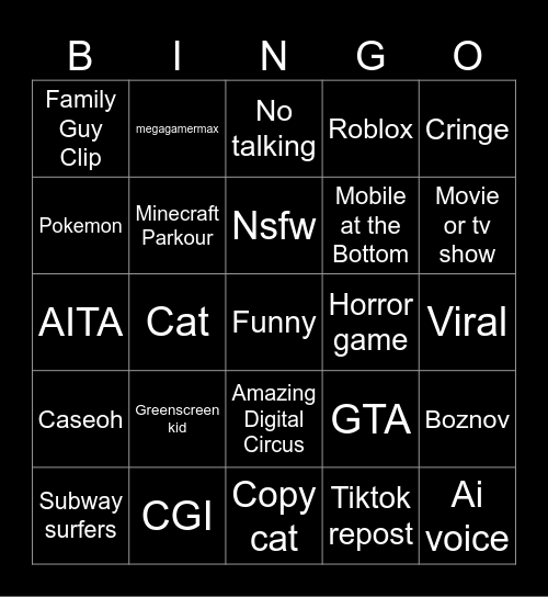 Youtube Shorts Bingo Card