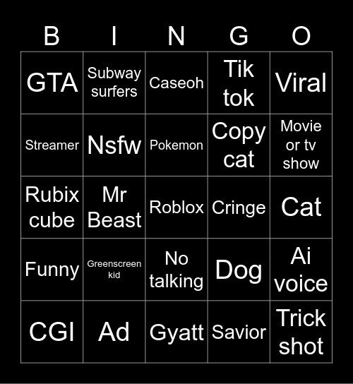 Youtube Shorts Bingo Card