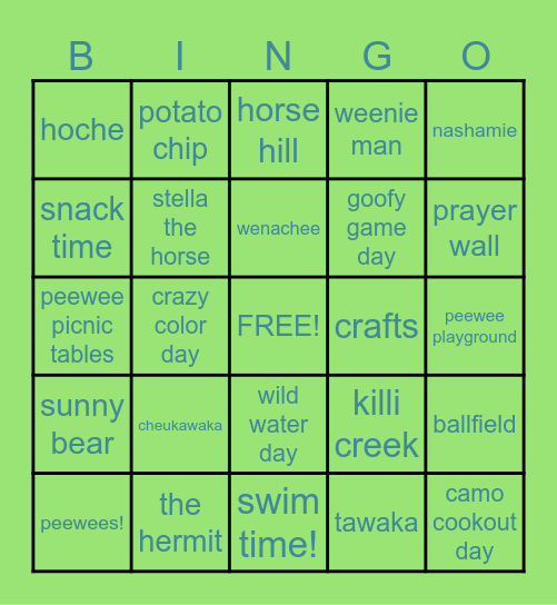 Camp Deer Run BINGO!!! Bingo Card