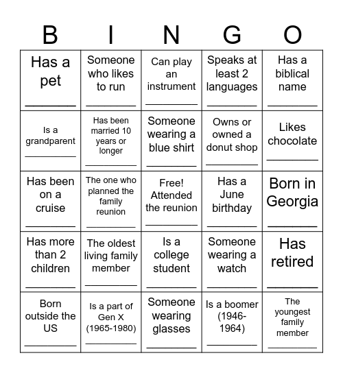 Hour Family Reunion Bingo Card