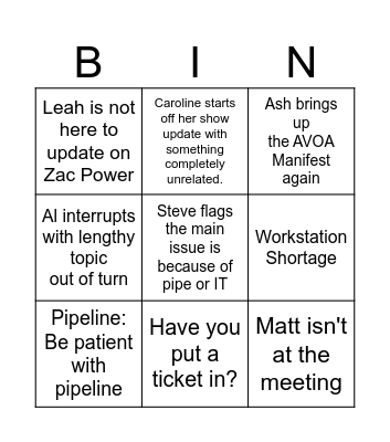 Studio Update Meeting Bingo Card