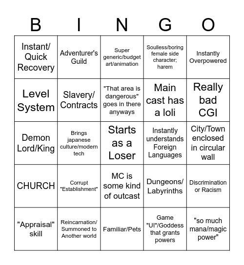 trash isekai bingo sheet Bingo Card
