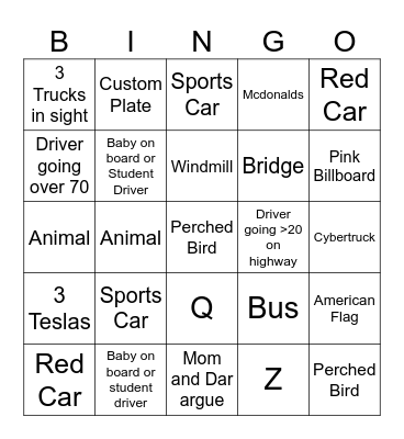 ROAD TRIP BINGO Card