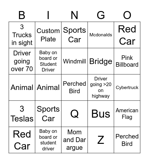 ROAD TRIP BINGO Card