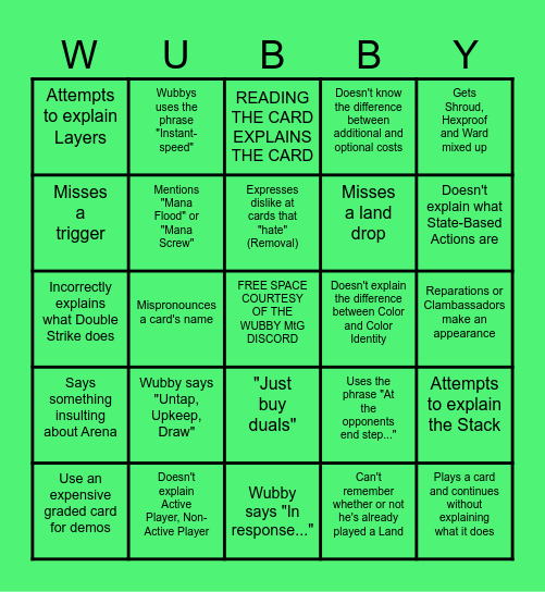 Wubby Teaches Magic! Bingo Card
