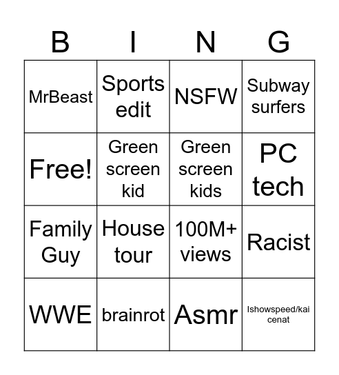 YouTube Shorts Bingo Card