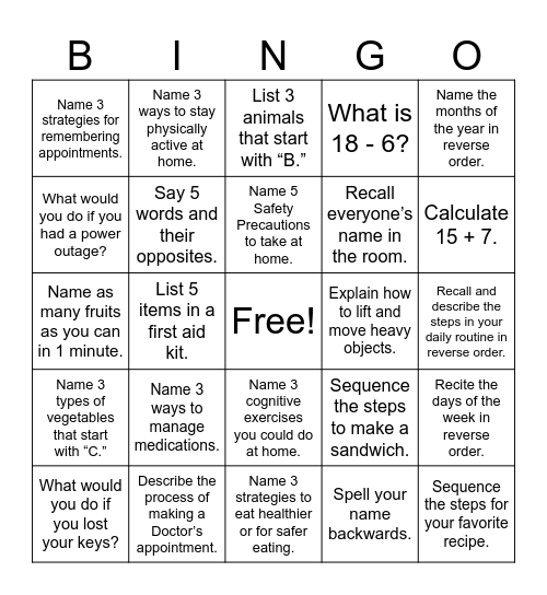 Cognitive BINGO! Bingo Card