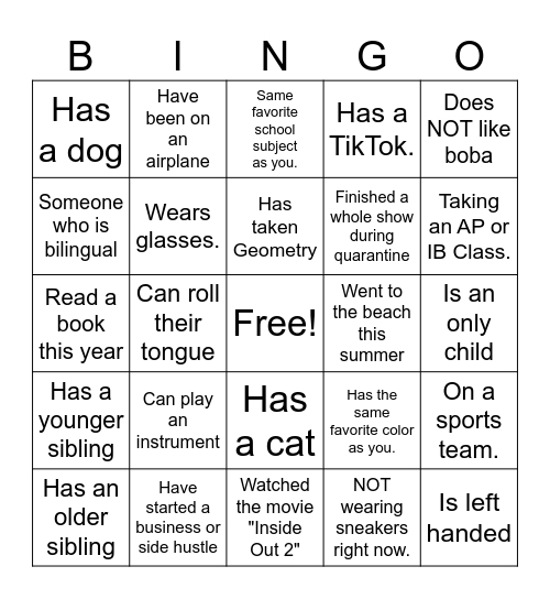 Fun facts bingo Card