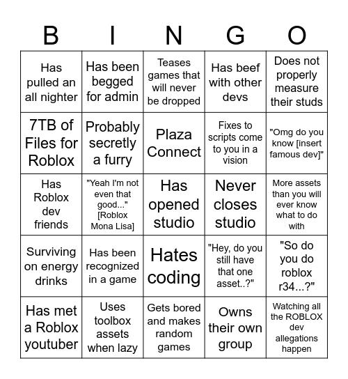 Roblox Dev Bingo Card