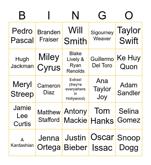 Celebrity Sighting Bingo Card