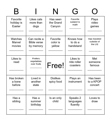 Get to Know Me Bingo! Bingo Card