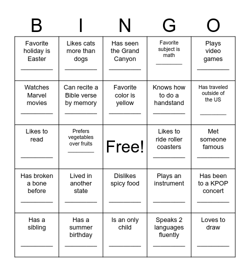 Get to Know Me Bingo! Bingo Card