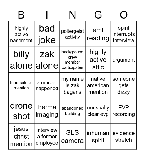 ghost adventures bingo Card