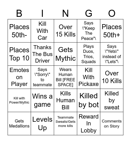 Fortnite BINGO Card