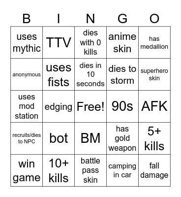 fortnite bingo Card