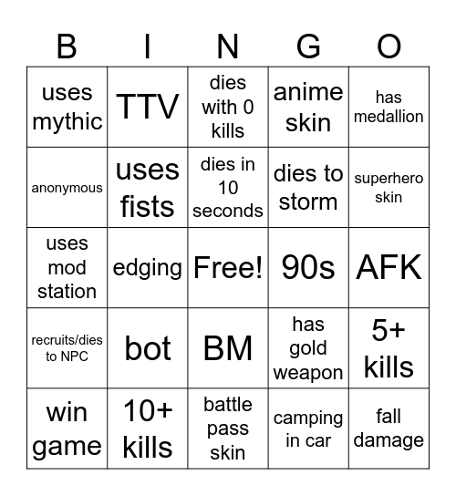 fortnite bingo Card