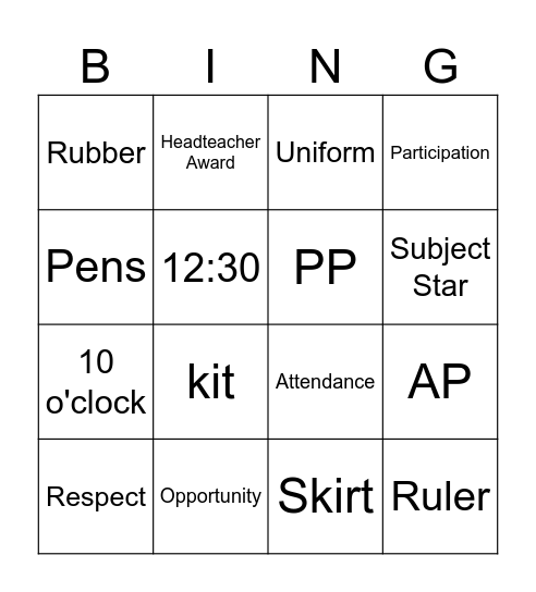 SCHOOL Bingo Card