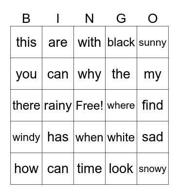 sight words Bingo Card