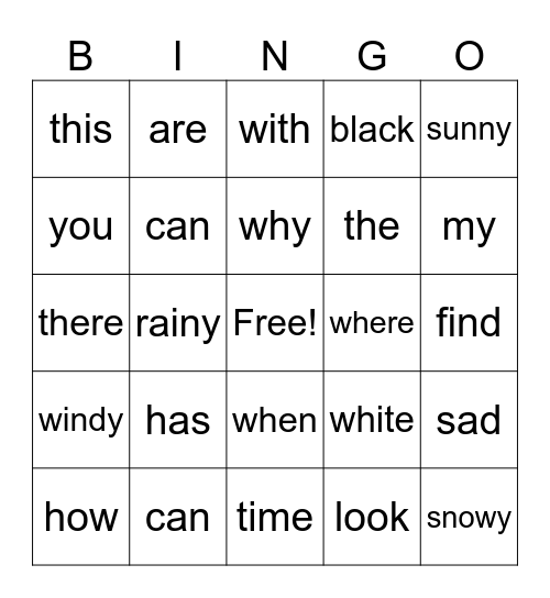 sight words Bingo Card