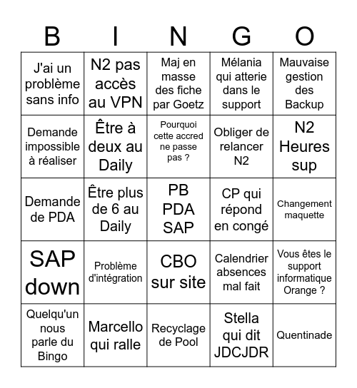 Support Bingo Card