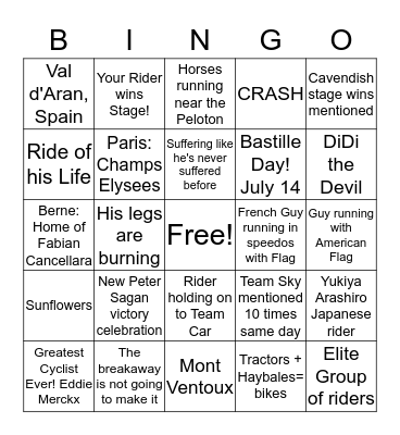 Tour de France 2016 Bingo Card