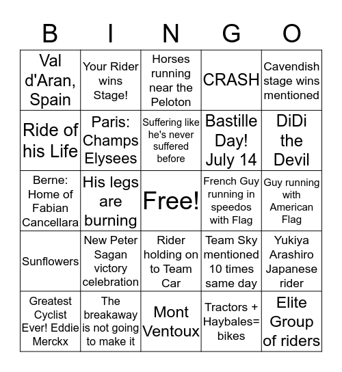 Tour de France 2016 Bingo Card