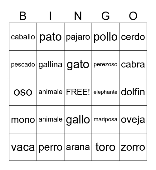 Animals In Spanish Bingo Card
