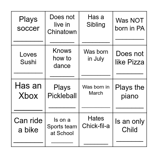 YOUTH HUMAN BINGO Card