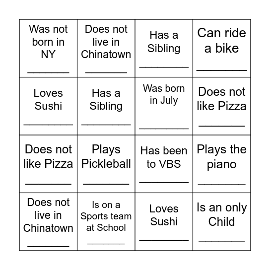 YOUTH HUMAN BINGO Card