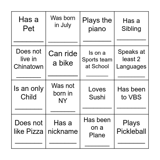 YOUTH HUMAN BINGO Card