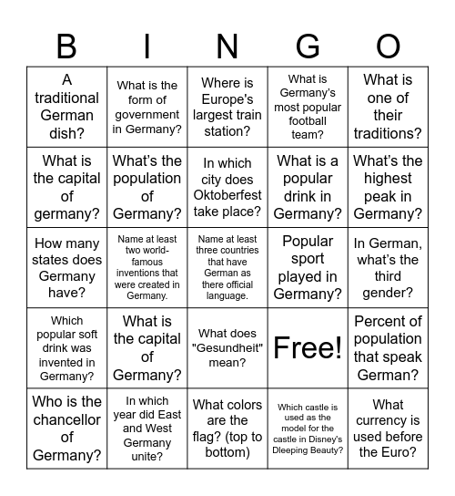 Germany Bingo Card