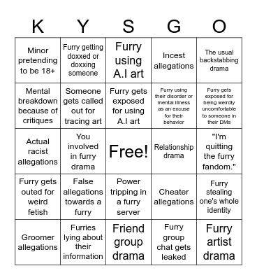 Furry drama bingo yipee Bingo Card