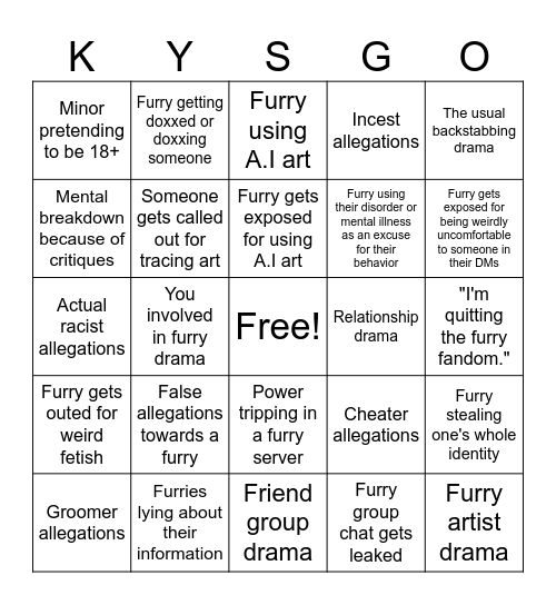 Furry drama bingo yipee Bingo Card